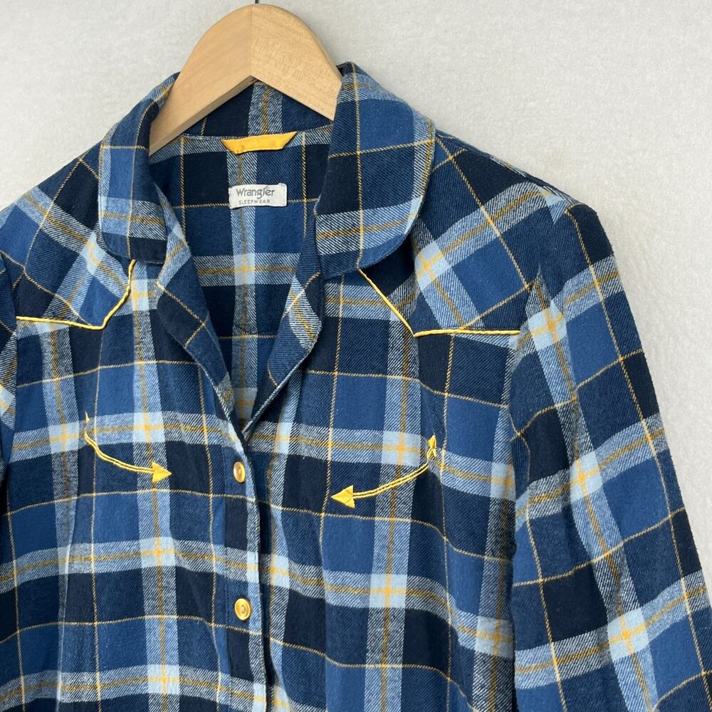 WRANGLER Sleep Shirt Womens M Flannel Nightgown Plaid Shirtdress Mid-length Blue - Picture 2 of 15